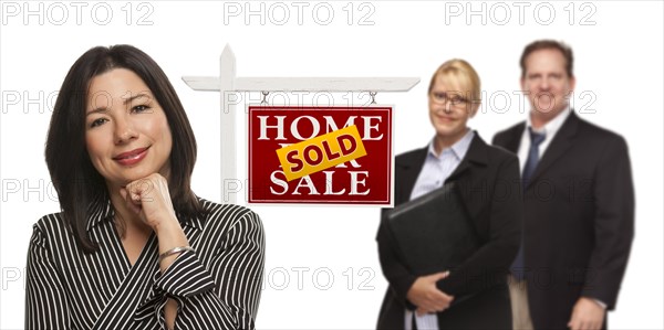 mixed-race people with sold home for sale real estate sign isolated on a white background