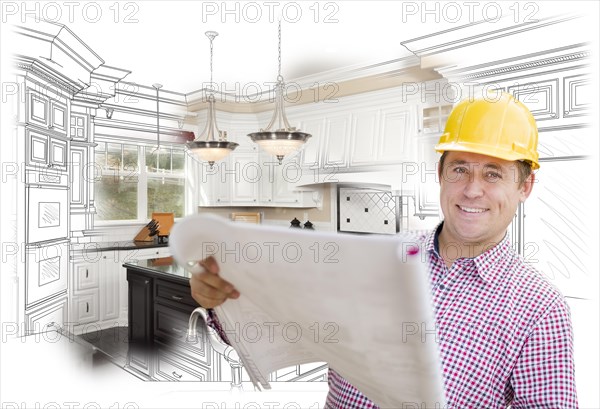 Smiling contractor holding blueprints over custom kitchen drawing and photo combination