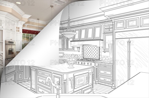 Kitchen drawing page corner flipping with photo behind