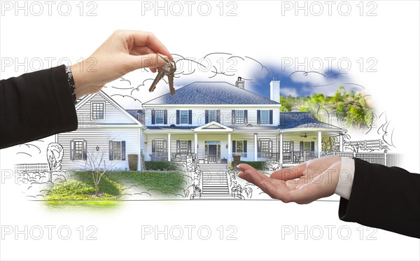 Handing over keys on house drawing and photo combination on white