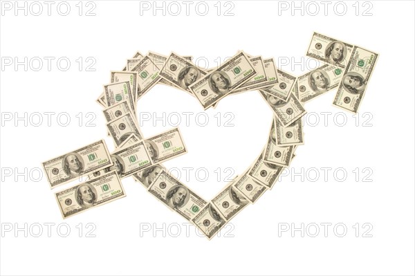 Heart pierced with arrow made of hundred dollar banknotes isolated on white background
