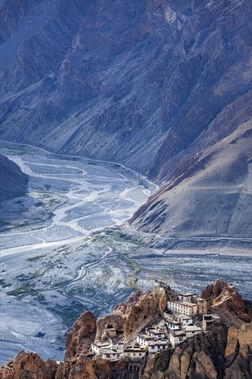 Famous indian tourist landmark Dhankar monastry perched on a cliff in Himalayas. Dhankar