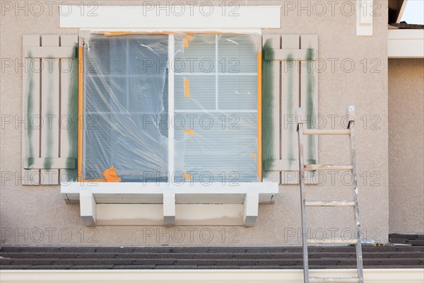 Construction ladder leaning up against A house being painted