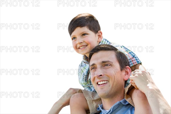Father and son playing piggyback isolated on a white background