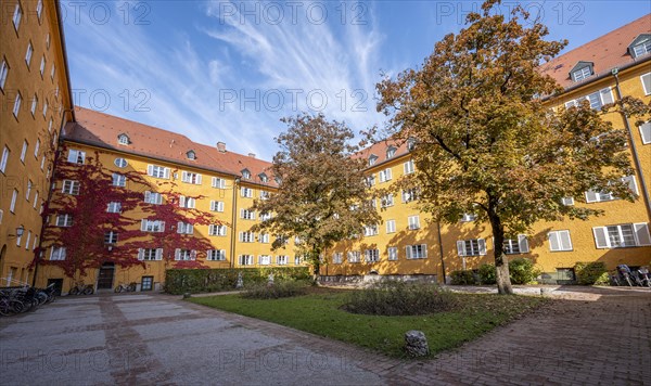 Inner courtyard with yellow apartment buildings