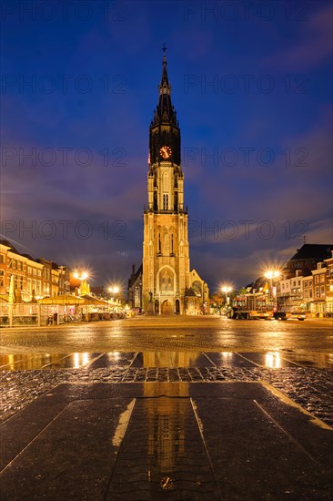 Nieuwe Kerk New Church protestant church on Delft Market Square Markt in the evening