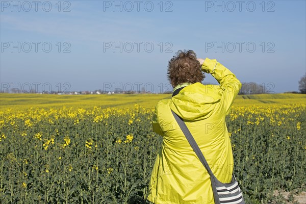 Woman photographing rape field in front of Maasholm