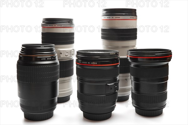 Set of camera lenses isolated on white background