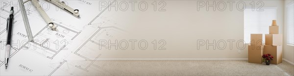 Gradated banner with house plans and empty room with boxes