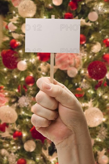 Hand holding blank card in front of decorated christmas tree