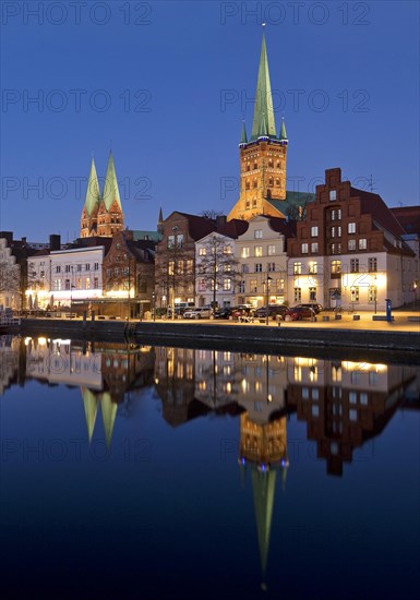 The historic old town on the Obertrave with the Church of St. Mary and the Church of St. Peter in the evening