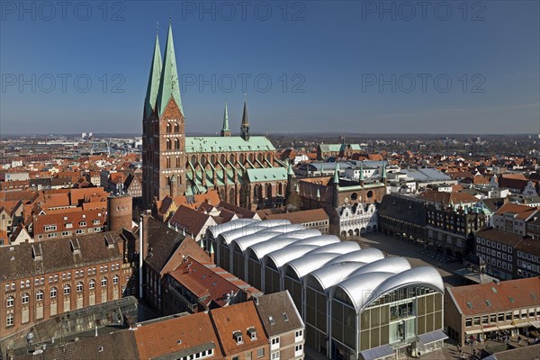 Bird's eye view of the old town with St. Mary's Church and striking roof of Peek and Cloppenburg