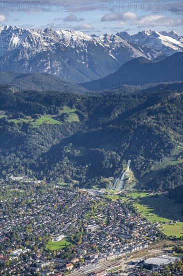 View over Garmisch-Partenkirchen with ski jump and Wetterstein Mountains