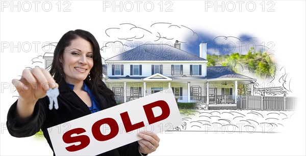Hispanic woman holding keys and sold sign over house drawing and photo combination on white