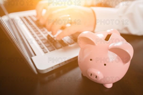 Piggy bank near male hands typing on laptop computer