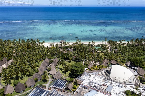 Aerial view The beach of Flic en Flac with luxury hotel and palm trees