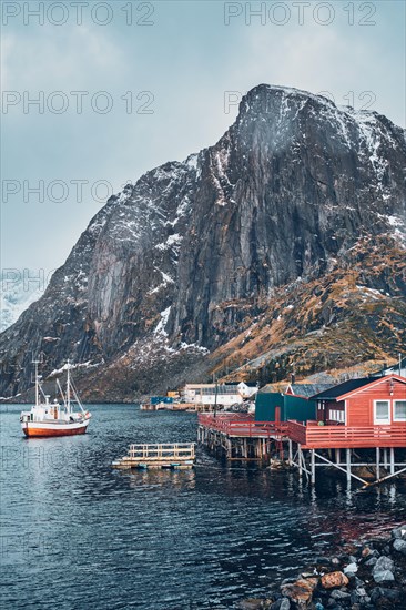 Hamnoy fishing village with ships fishing boats on Lofoten Islands