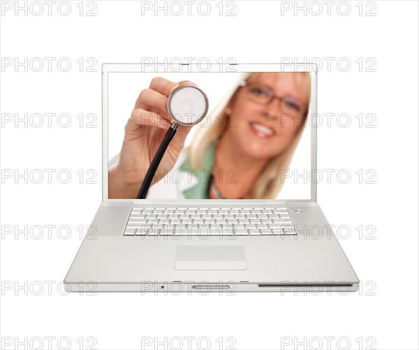 Female doctor or nurse with stethoscope on laptop screen