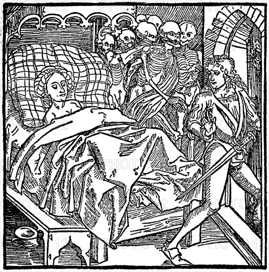 An emperor's daughter has allowed a young knight to come to her secretly at night. Frightened by the spirits of the departed standing around the bed