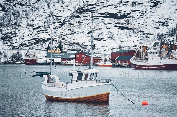 Ship fishing boat in Hamnoy fishing village on Lofoten Islands