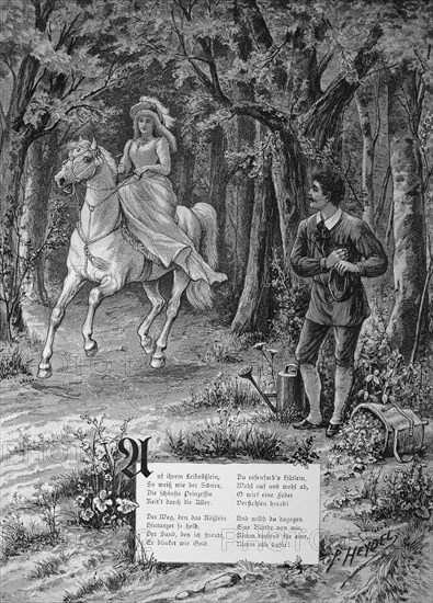 Der Hofgaertner ist in die Herrin verliebt und diese reitet zu Pferd durch den Wald