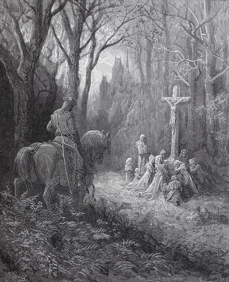 A knight returns to his family praying in front of the cross after the crusade