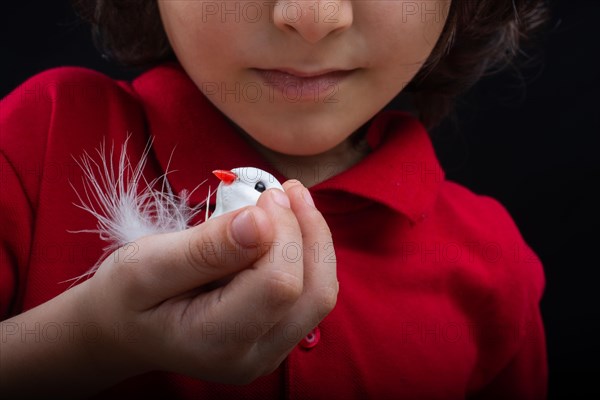 Little boy holding a fake white bird on dark background