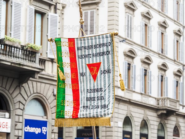 Flag with inscription commemorating Italian deportees to concentration camps in World War II