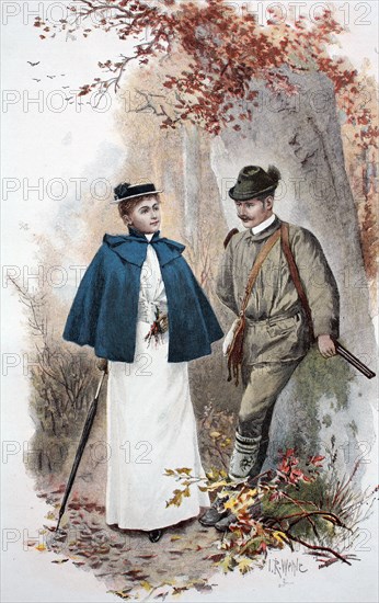 Hunter meets walker in autumn forest