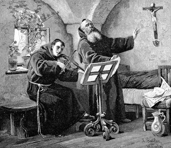 Monks playing music in a monastery cell in the monastery in 1860