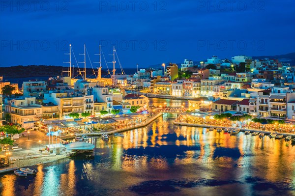 Beautiful Agios Nikolaos town on lake Voulismeni at night