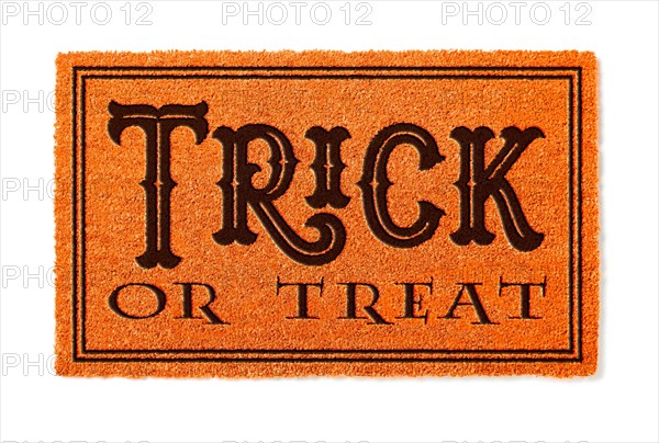 Trick or treat halloween orange welcome mat isolated on white background