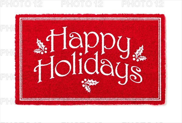 Happy holidays christmas red welcome mat isolated on white background