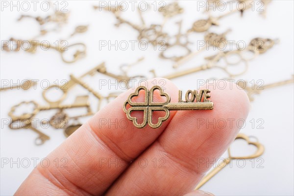 Hand and retro style metal keys on a white background
