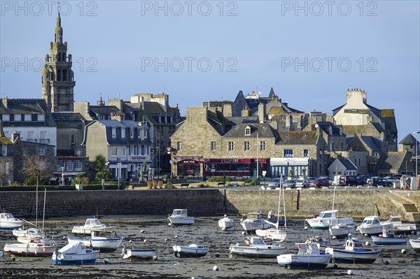 Old town of Roscoff with harbour at low tide