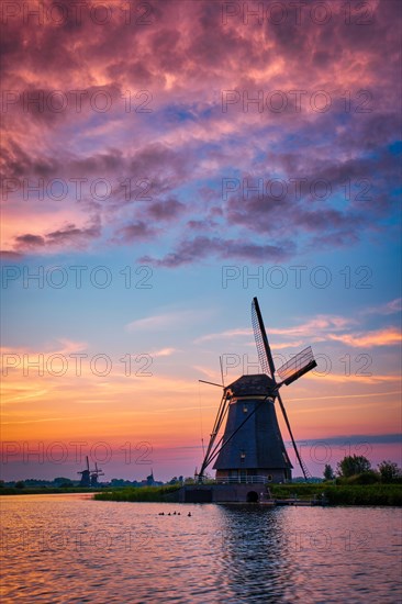 Netherlands rural landscape with windmills at famous tourist site Kinderdijk in Holland on sunset with dramatic sky