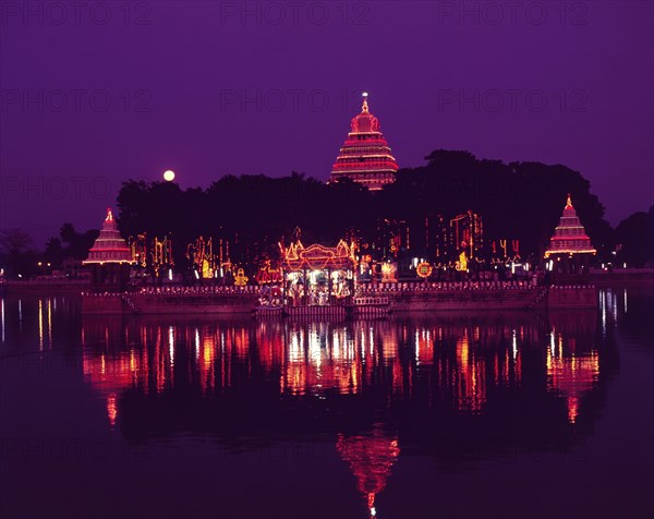 Illuminated Mariamman Teppakulam or Vandiyur tank during Float festival in Madurai