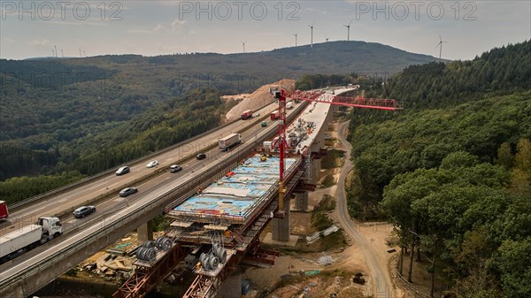 Aerial view of the construction work on the Pfaedchensgraben bridge on the A61 motorway near Rheinboellen