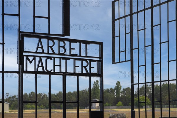 Lettering Arbeit macht frei in the gate of the entrance building to the prisoners' camp
