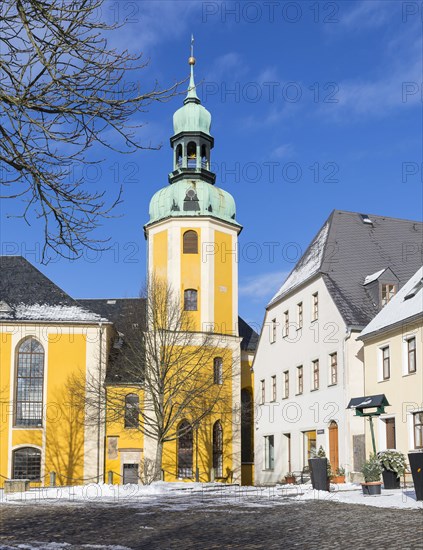 Church of St. Bartholomew on the castle square in the snow