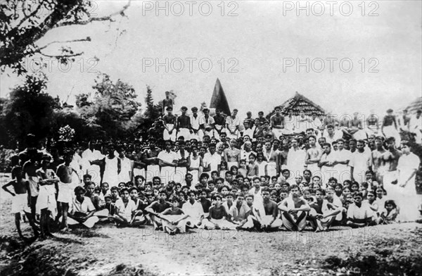 Photography taken in the occassion of the temple entry celebrations of the Thottappally Vishnu temple at Eramalloor near Alappuzha in 1946. The Kerala Chief Minister late K. Karunakaran Virupakshan Na...