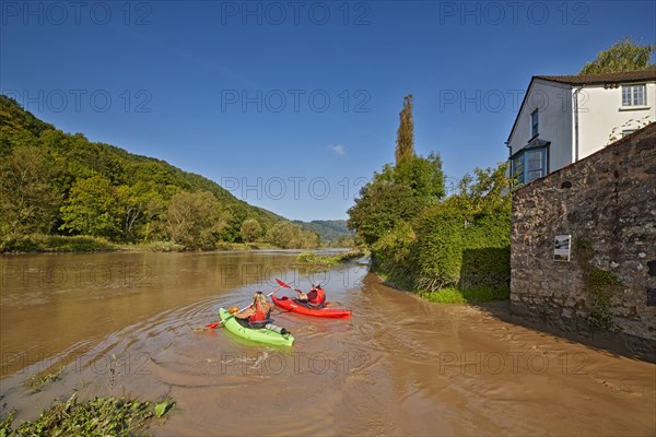Kayakers on a river flooding at high tide