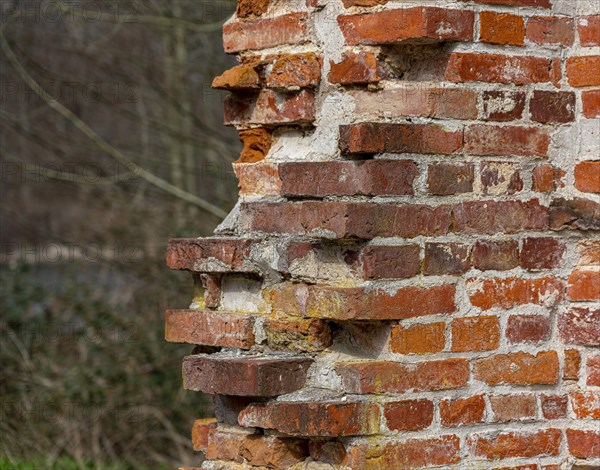 Nahaufnahme einer alten Ziegelsteinmauer im Schlosspark von Putbus