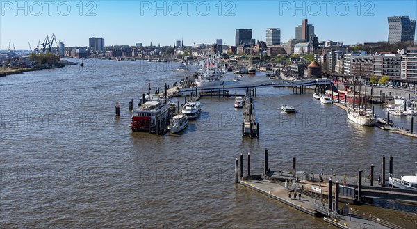 View from the Elbe Philharmonic Hall towards Landungsbruecken and Sankt Pauli
