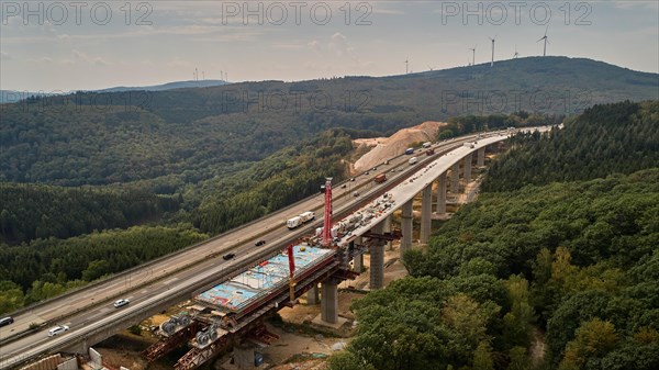 Aerial view of the construction work on the Pfaedchensgraben bridge on the A61 motorway near Rheinboellen