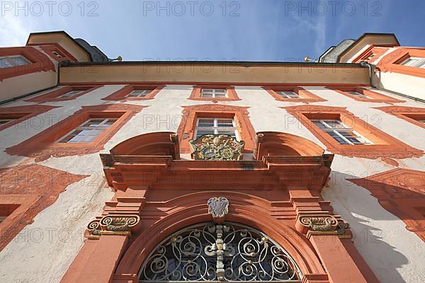 Entrance and facade of the baroque castle with view to the sky in Bonndorf