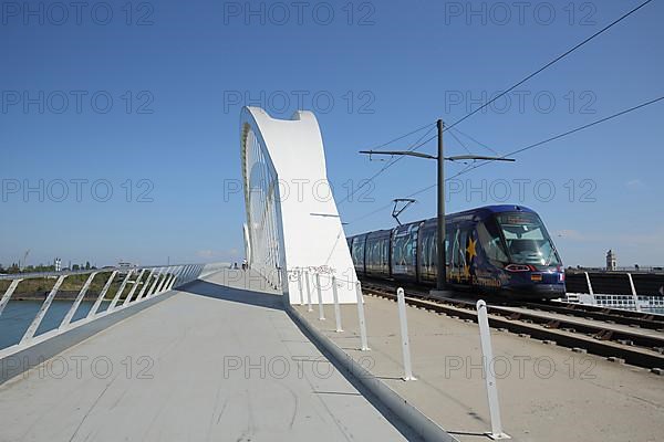 Pont Beatus Rhenanus tram bridge with tram over the Rhine in Kehl