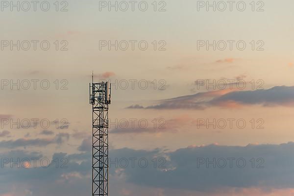 Telecom antenna in countryside in summer at sunset. Alsace