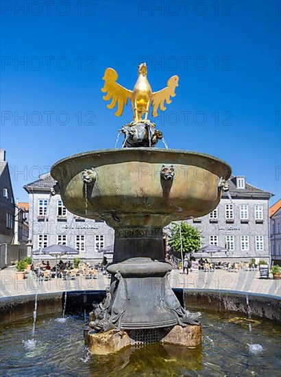 Golden eagle on the market fountain in front of the Kaiserringhaus on the market square