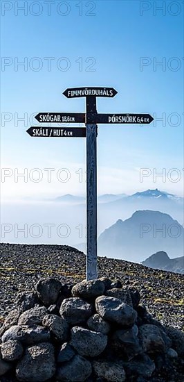 Sign with inscription Skogar and Porsmoerk at the hiking trail Fimmvoerouhals